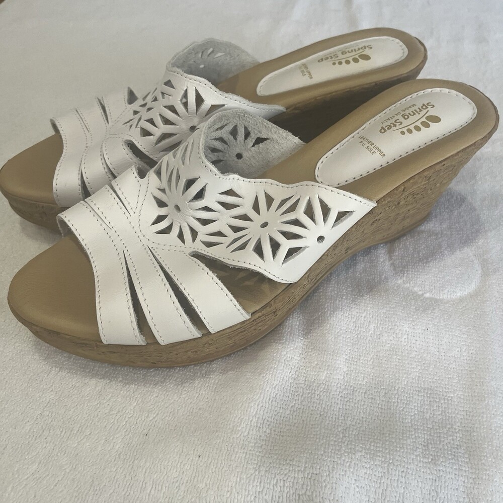 Spring Step Dora White‎ Leather Laser Cut Summer Wedge Slide Sandal Cottagecore